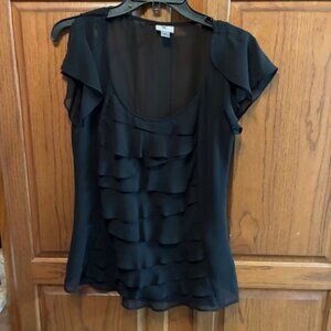 Worthington Women's Sheer Ruffle Front /sleeve Black Blouse Size M